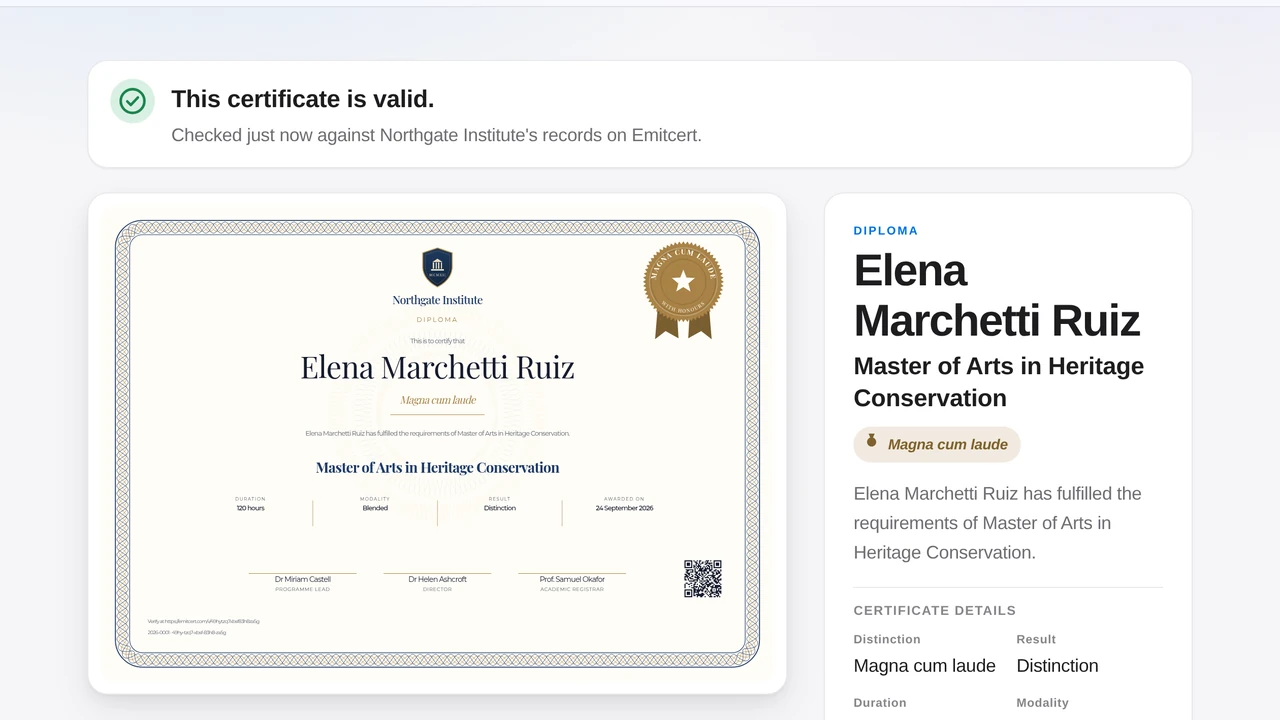 A certificate of completion issued with Emitcert, with a crest, signatories and a QR code. Fictional institution and recipient.